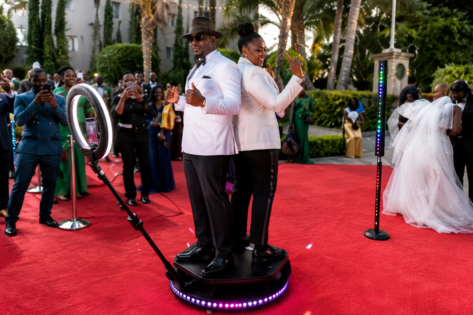 360° Video Booth on red carpet at wedding reception
