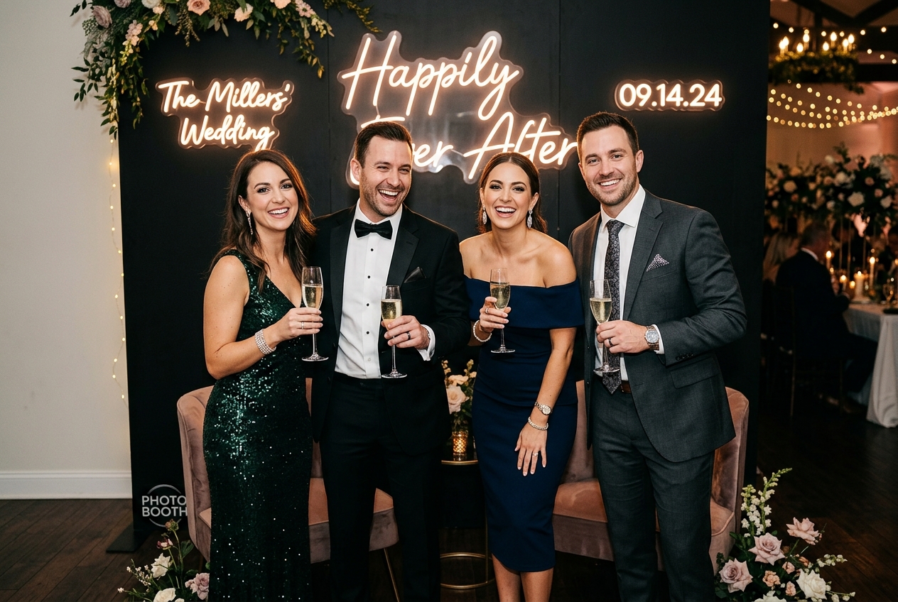 Guests posing in photo booth at corporate event